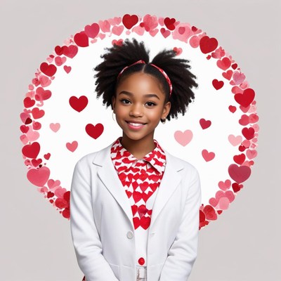 Young girl smiles with heart decorations for celebration