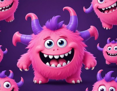 Cute pink monster character with purple horns and big smile
