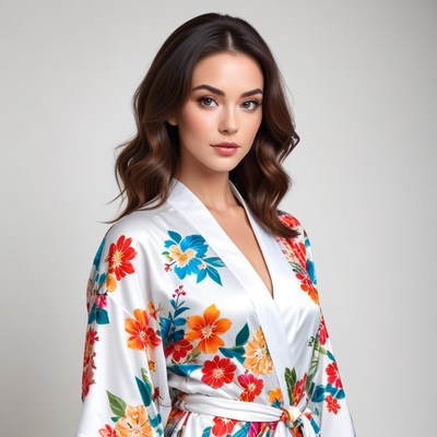 Model in floral robe poses with natural elegance indoors