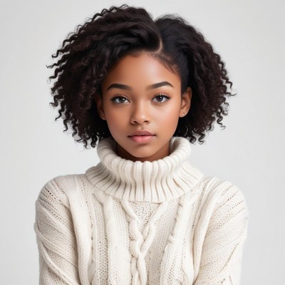 Young woman with curly hair in cozy sweater poses indoors