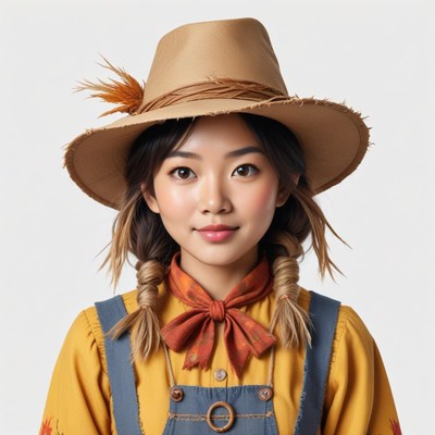 Young woman in a cowboy hat and plaid shirt poses happily