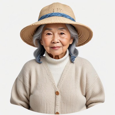 Portrait of an elderly woman in a straw hat