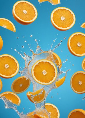 Fresh oranges splash in water on bright blue background