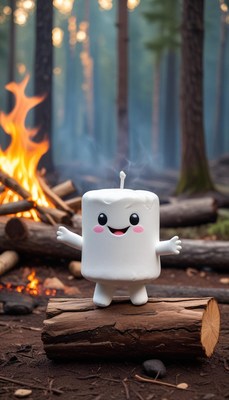 Happy marshmallow stands near a campfire in the woods