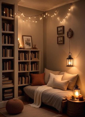 Cozy reading nook with warm lights in a quiet corner