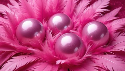 Bright pink feathers and shiny spheres create vibrant decor
