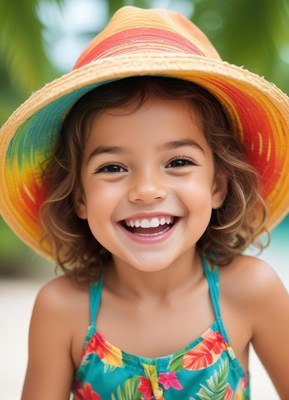 Smiling child in vibrant hat at tropical location