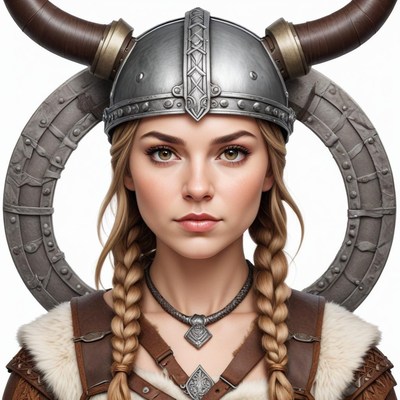 Warrior woman in viking-inspired attire with horned helmet