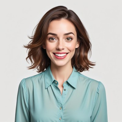 Smiling woman in light blue shirt against a gray background