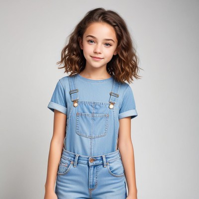 Girl in denim overalls poses confidently with gentle smile