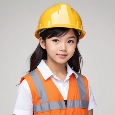 Child wearing a safety helmet at a construction site