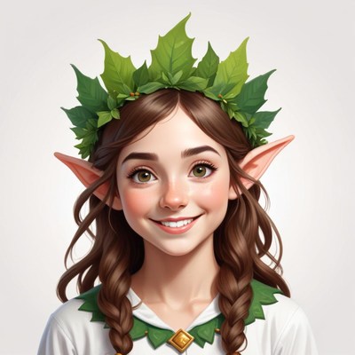 Young elf girl with leafy crown smiling brightly