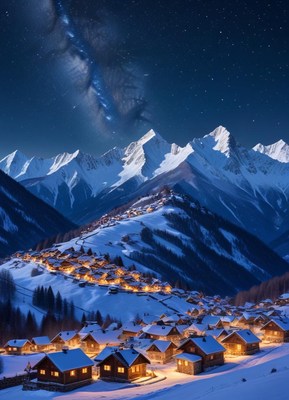 Snowy mountain village under starry sky at night