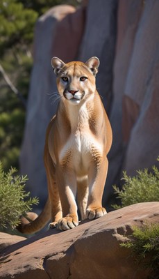 Mountain lion standing confidently on rocky terrain