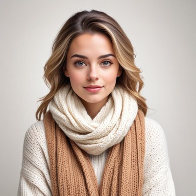 Woman wearing cozy sweater and scarf in indoor setting