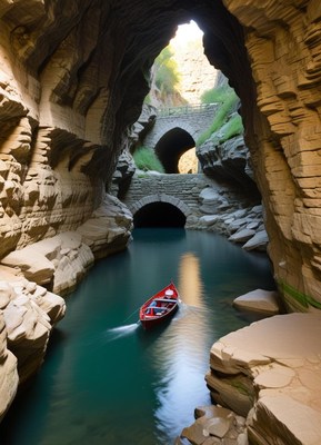 Serene boat ride through rocky canyon under arched bridges