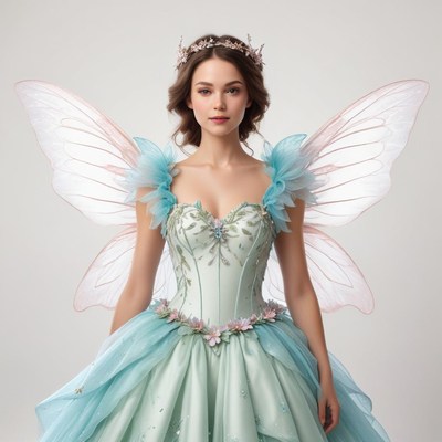 Fairy dressed in delicate gown and wings posing gracefully