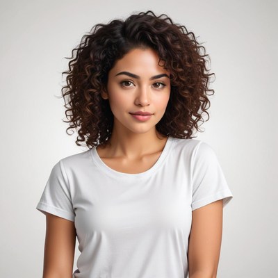 Smiling young woman with curly hair in simple shirt