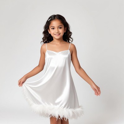 Child in a white dress with feathers on a neutral backdrop
