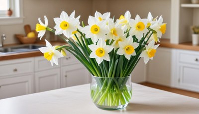 Bright daffodils in a glass vase on a kitchen counter