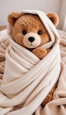 Cozy bear wrapped in a soft blanket indoors