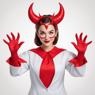 Woman in red devil costume poses with playful expression