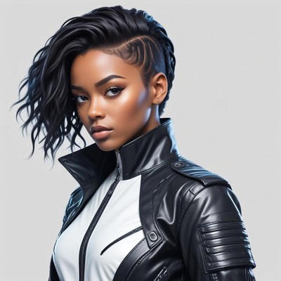 Young woman in stylish leather jacket with confident look