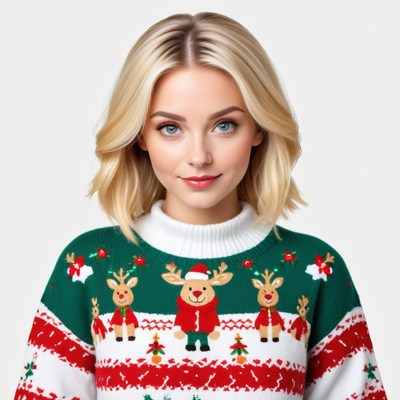 Festive woman in holiday sweater with reindeer design