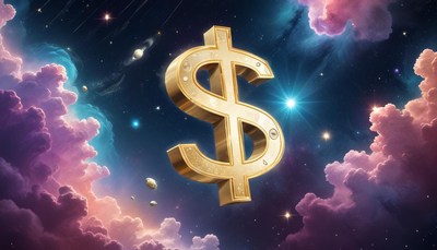 Golden dollar sign floating in a cosmic scene