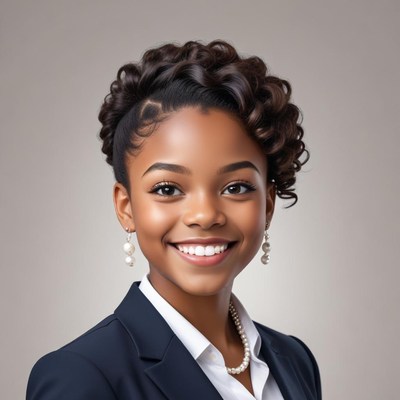 Confident young woman in formal attire with a warm smile