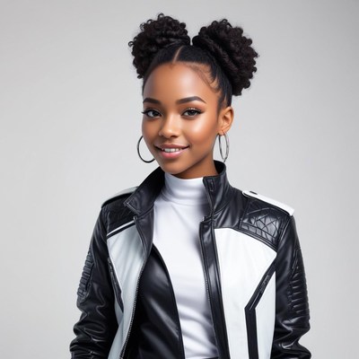 Confident young woman in leather jacket and stylish hair