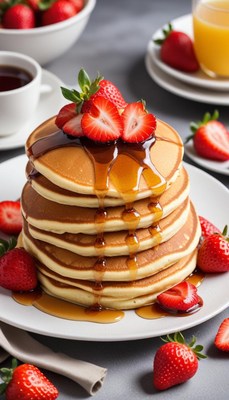 Fluffy pancakes with strawberries and syrup stacked high