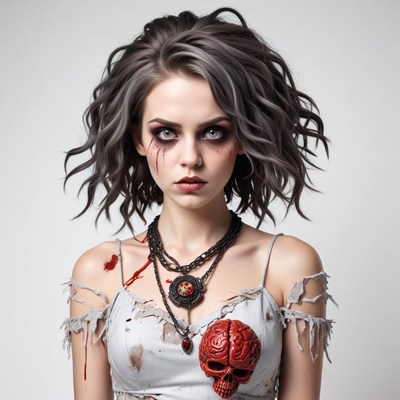 Model with grey hair in spooky costume for halloween event