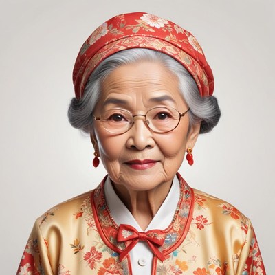 Elderly woman in traditional attire with a warm smile