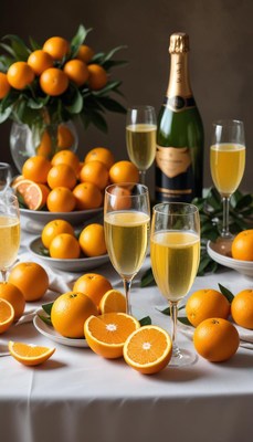 Fresh oranges and sparkling beverage on a festive table