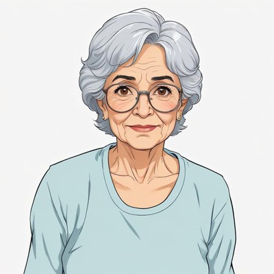 Elderly woman with gray hair and glasses looking kindly