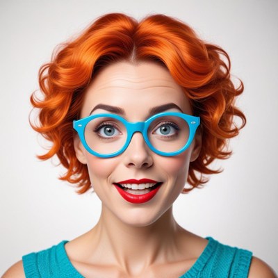 Bright orange hair and blue glasses create a striking look