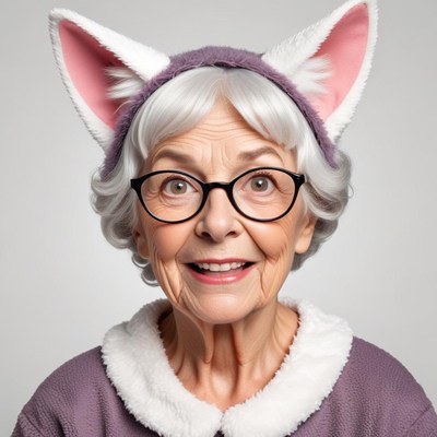 Elderly woman with cat ears smiles joyfully indoors