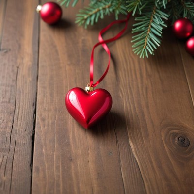 Red heart ornament on wooden surface during holiday season