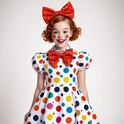 Cheerful girl dressed as clown with colorful polka dots