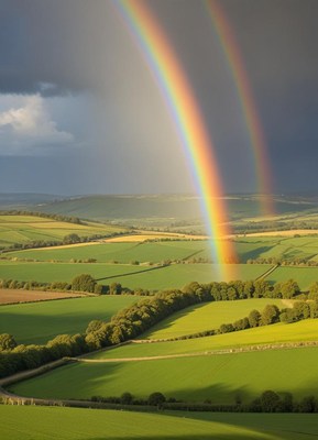 Colorful double rainbow over lush green hills
