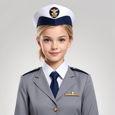 Young girl wearing a military uniform with a cap