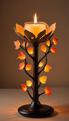 Elegant candle holder with vibrant leaf design at night