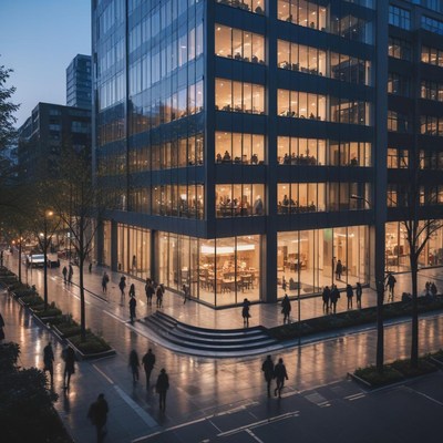 People walking near a busy modern office building at dusk