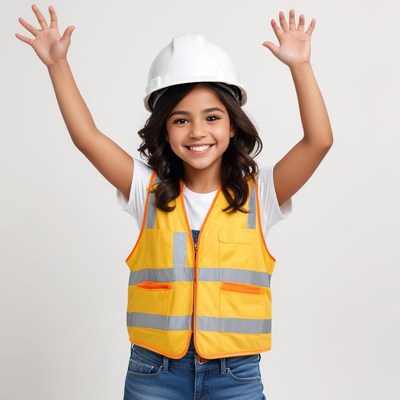 Happy child in safety gear celebrating with hands up