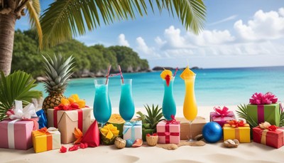 Vibrant beach celebration with colorful drinks and gifts