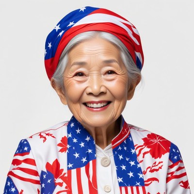 Smiling elderly woman in colorful patriotic attire