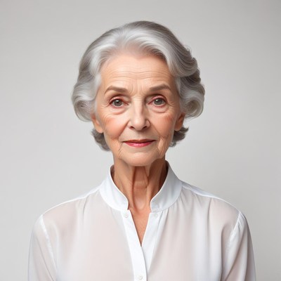 Graceful elderly woman with silver hair in white blouse