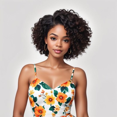 Bright floral dress and curly hair in a studio setting