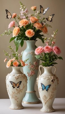 Beautiful flower arrangements with butterflies in vases